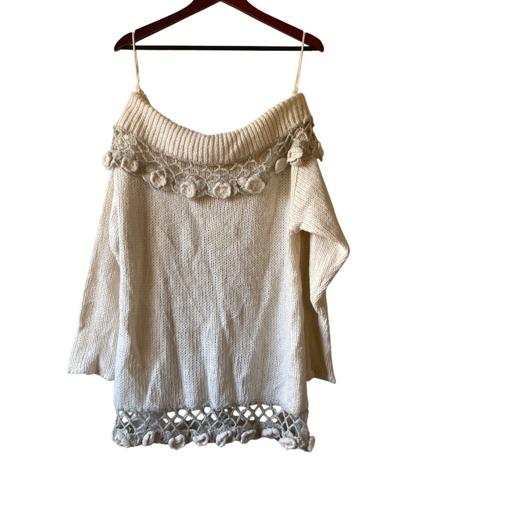 Vintage Cream Hand Knitted Crochet Floral Off Shoulder Sweater M